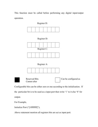This function must be called before performing any digital input/output
operation.
Register D:

Register D:

Register C:

Register A:

Reserved Bits
Cannot alter

Can be configured as

Configurable bits can be either zero or one according to the initialization. If
the particular bit is to be used as a input port then write ‘1’ to it else ‘0’ for
output.
For Example,
Initialize Port (“[1ffffffff]”);
Above statement mention all registers bits are act as input port.

 