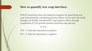 How to quantify tree crop interface:
ICRAF researchers have developed an equation for quantifying tree
crop interactions(I), considering positive effects of tree and crop yields
through soil fertility enrichment(F) and negative effects through
competition (C) for growth resources between crop and tree.
I= F-C
If F > C then the interaction is positive
If F < C then the interaction is negative.
 