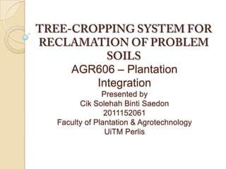 AGR606 – Plantation
Integration
Presented by
Cik Solehah Binti Saedon
2011152061
Faculty of Plantation & Agrotechnology
UiTM Perlis

 