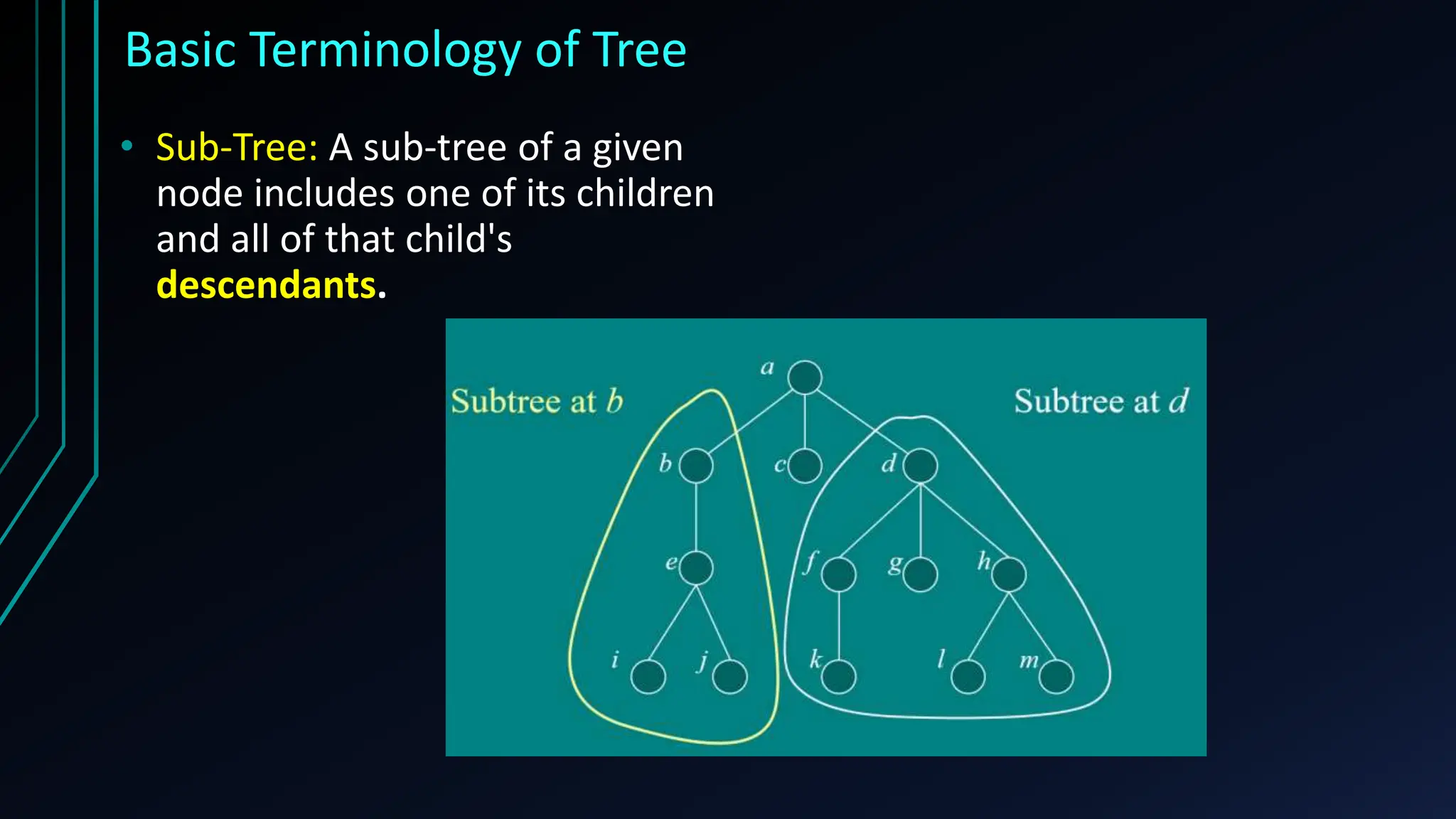 Basic Terminology of Tree
• Sub-Tree: A sub-tree of a given
node includes one of its children
and all of that child's
descendants.
 