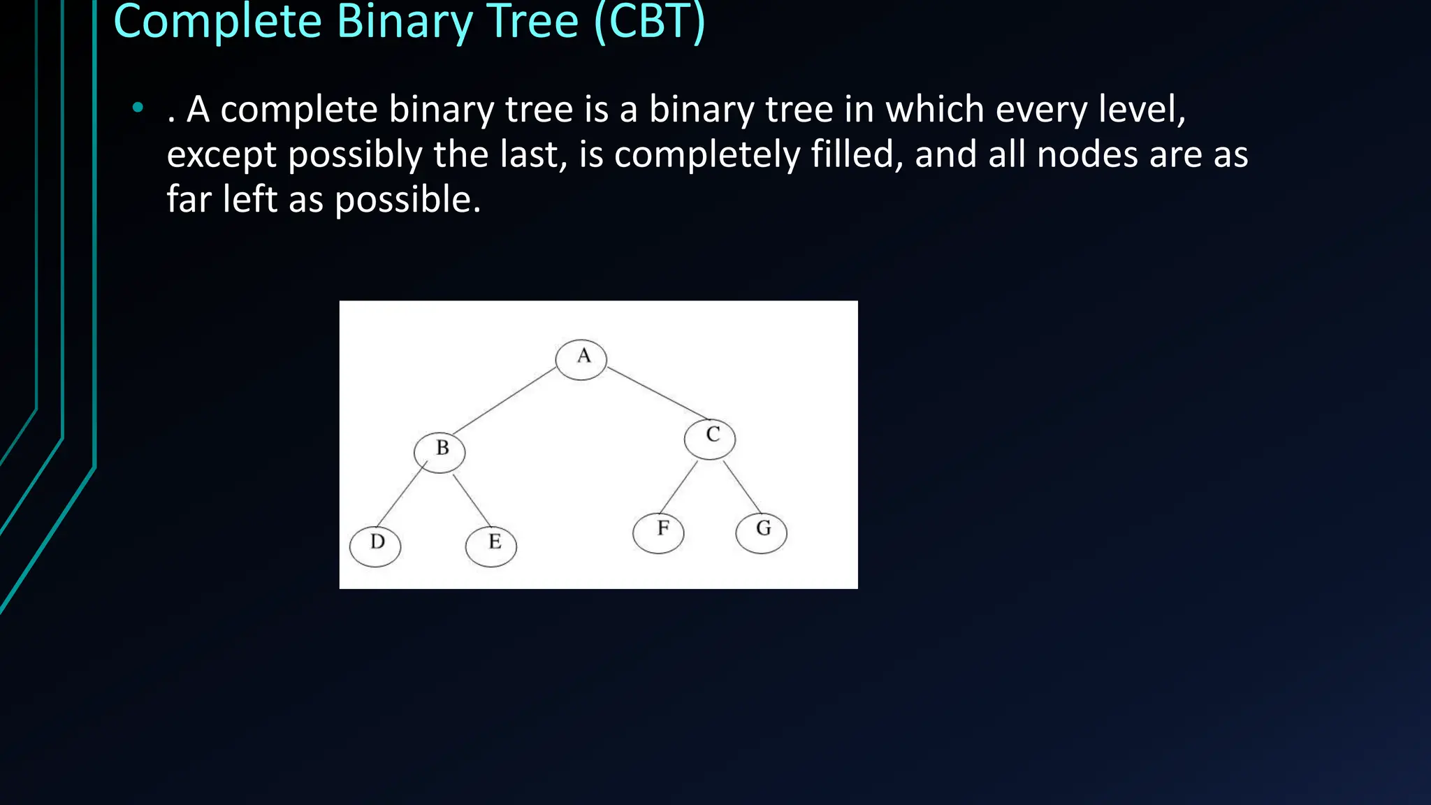 Complete Binary Tree (CBT)
• . A complete binary tree is a binary tree in which every level,
except possibly the last, is completely filled, and all nodes are as
far left as possible.
 