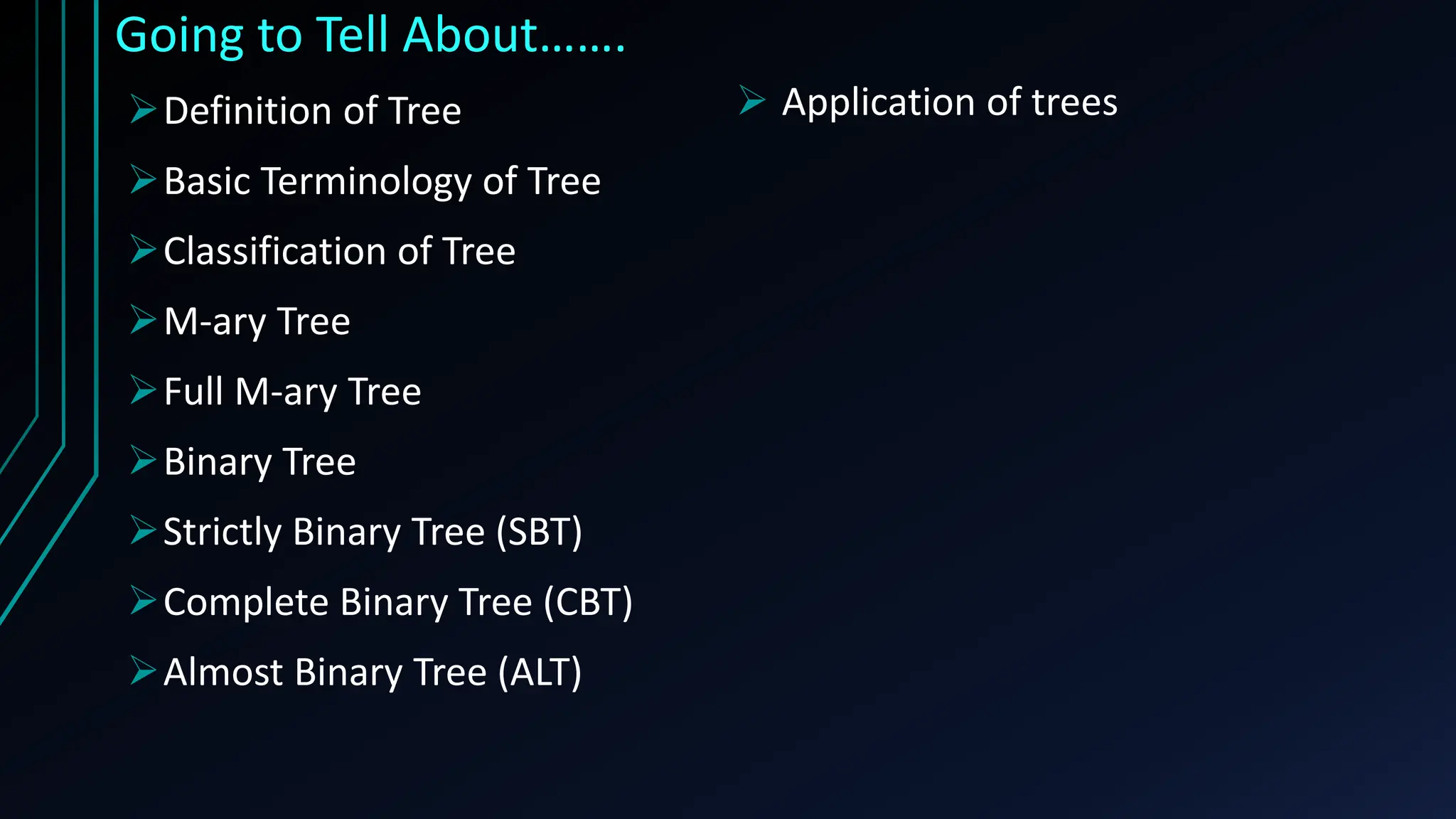 Going to Tell About…….
Definition of Tree
Basic Terminology of Tree
Classification of Tree
M-ary Tree
Full M-ary Tree
Binary Tree
Strictly Binary Tree (SBT)
Complete Binary Tree (CBT)
Almost Binary Tree (ALT)
 Application of trees
 