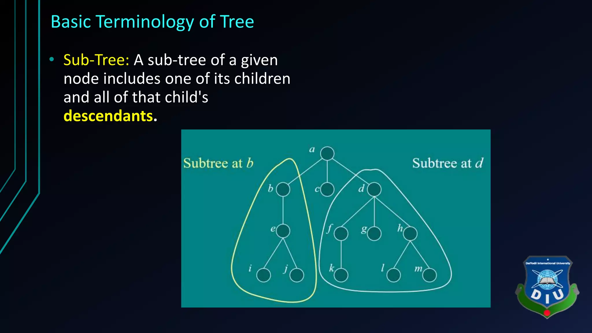 Basic Terminology of Tree • Sub-Tree: A sub-tree of a given node includes one of its children and all of that child's descendants. 