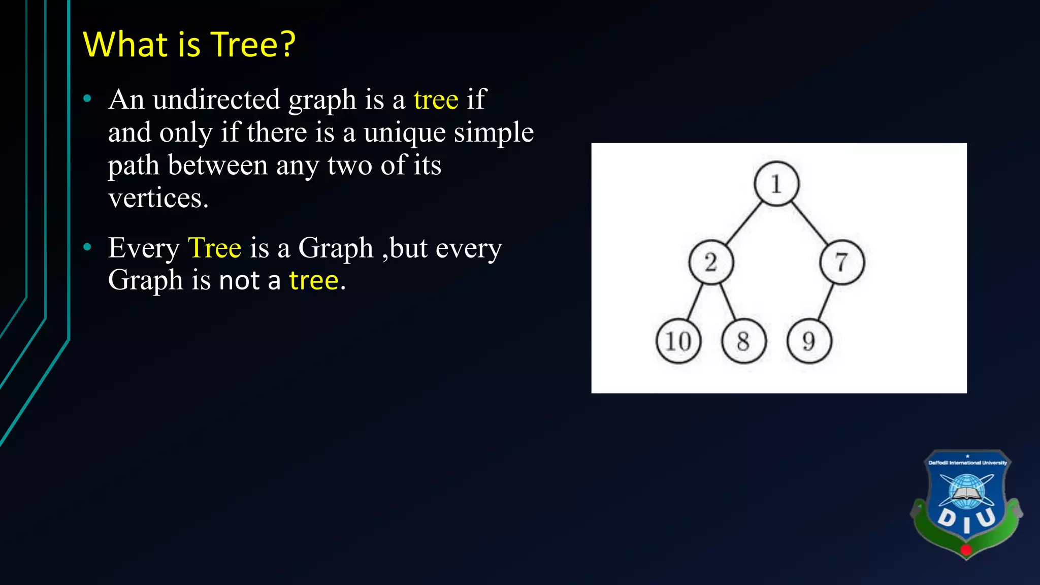 What is Tree? • An undirected graph is a tree if and only if there is a unique simple path between any two of its vertices. • Every Tree is a Graph ,but every Graph is not a tree. 