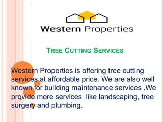 TREE CUTTING SERVICES
Western Properties is offering tree cutting
services at affordable price. We are also well
known for building maintenance services .We
provide more services like landscaping, tree
surgery and plumbing.
 