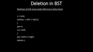 Deletion in BST
Deletion of left most node (Minimum Data Item)
s = root;
while(s -> left != NULL)
{
par=s;
s=s->left;
}
par->left=s->right;
delete s;
 