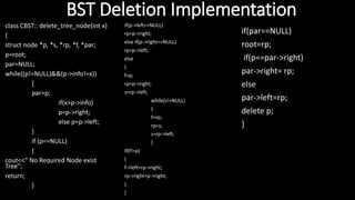 BST Deletion Implementation
class CBST:: delete_tree_node(int x)
{
struct node *p, *s, *rp, *f, *par;
p=root;
par=NULL;
while((p!=NULL)&&(p->info!=x))
{
par=p;
if(x>p->info)
p=p->right;
else p=p->left;
}
if (p==NULL)
{
cout<<“ No Required Node exist
Tree”;
return;
}
if(p->left==NULL)
rp=p->right;
else if(p->right==NULL)
rp=p->left;
else
{
f=p;
rp=p->right;
s=rp->left;
while(s!=NULL)
{
f=rp;
rp=s;
s=rp->left;
}
if(f!=p)
{
f->left=rp->right;
rp->right=p->right;
}
}
if(par==NULL)
root=rp;
if(p==par->right)
par->right= rp;
else
par->left=rp;
delete p;
}
 