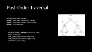Post-Order Traversal
Until all nodes are traversed −
Step 1 − Recursively traverse left subtree.
Step 2 − Recursively traverse right subtree.
Step 3 − Visit root node.
void post_order_traversal(struct node* root) {
if(root != NULL) {
post_order_traversal(root->leftChild);
post_order_traversal(root->rightChild);
printf("%d ", root->data);
}
}
 