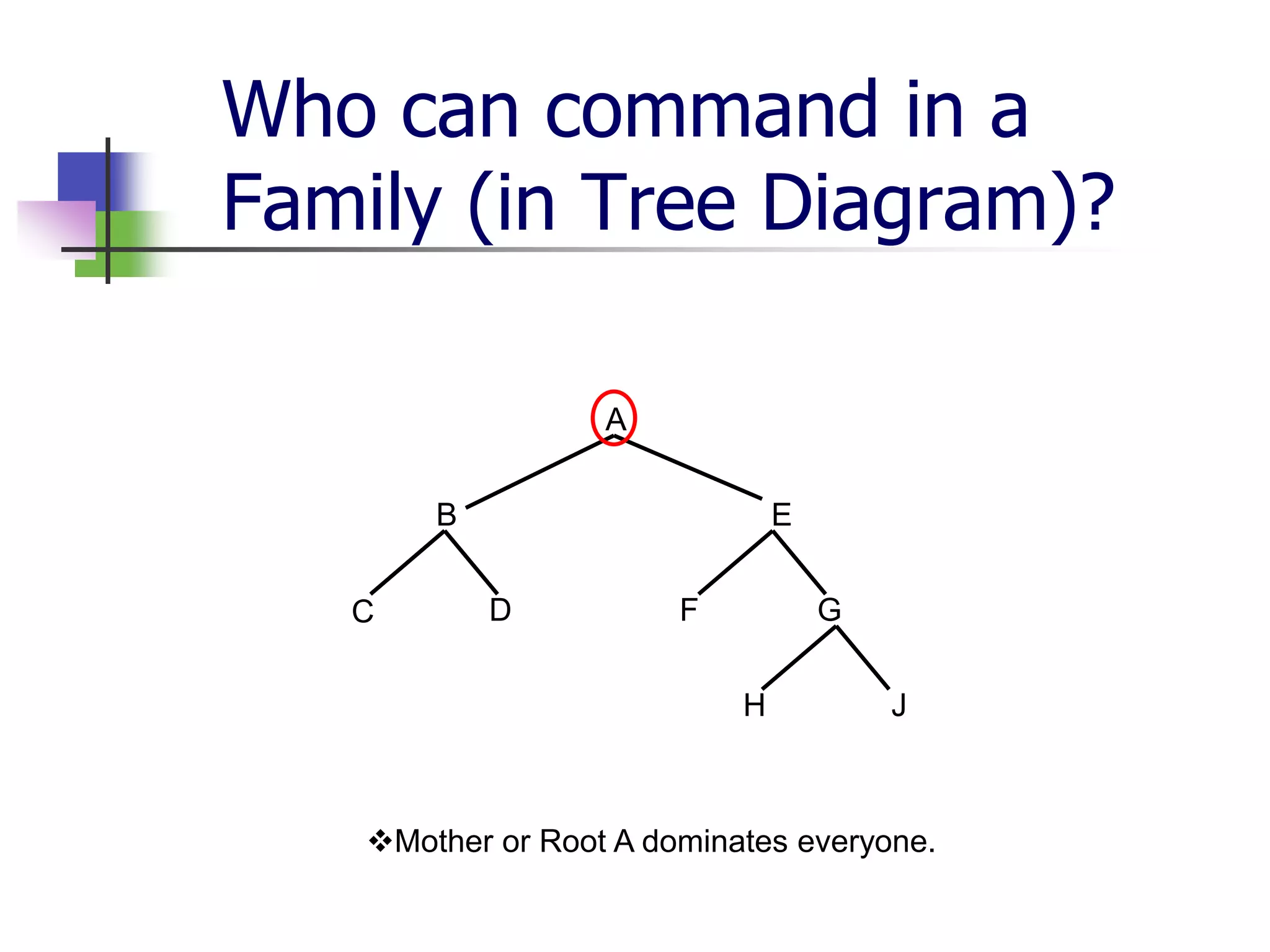 Who can command in a
Family (in Tree Diagram)?
A
B E
C D F G
H J
Mother or Root A dominates everyone.
 