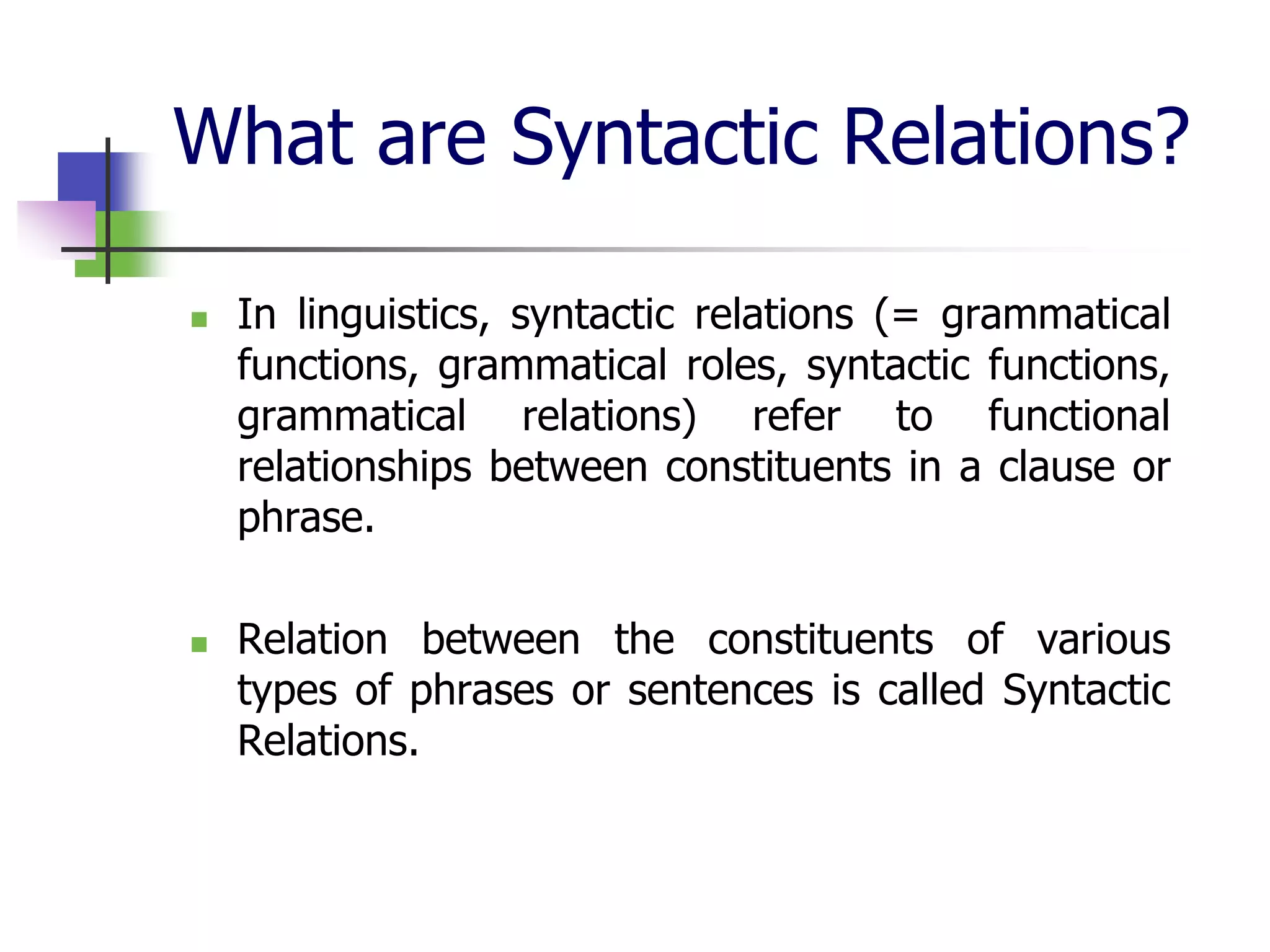 What are Syntactic Relations?
 In linguistics, syntactic relations (= grammatical
functions, grammatical roles, syntactic functions,
grammatical relations) refer to functional
relationships between constituents in a clause or
phrase.
 Relation between the constituents of various
types of phrases or sentences is called Syntactic
Relations.
 