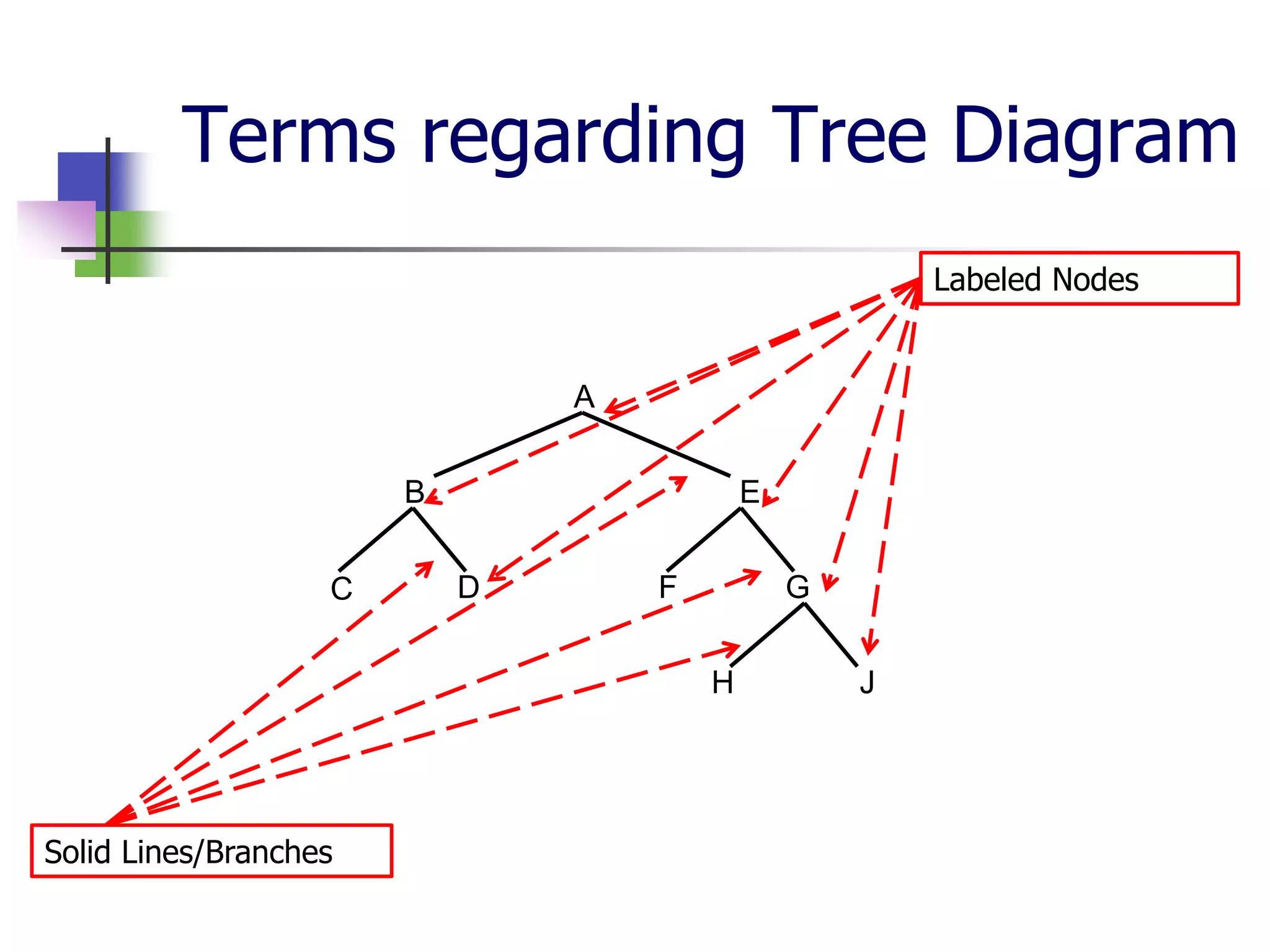 Terms regarding Tree Diagram
A
B E
C D F G
H J
Labeled Nodes
Solid Lines/Branches
 