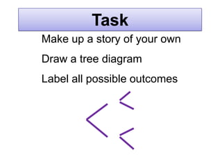 Task
Make up a story of your own
Draw a tree diagram
Label all possible outcomes
 