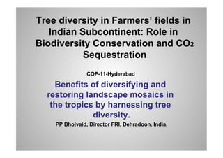 Tree diversity in Farmers’ fields in
   Indian Subcontinent: Role in
Biodiversity Conservation and CO2
           Sequestration
                COP-11-Hyderabad

    Benefits of diversifying and
  restoring landscape mosaics in
   the tropics by harnessing tree
              diversity.
    PP Bhojvaid, Director FRI, Dehradoon. India.
 