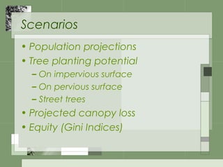 Scenarios
• Population projections
• Tree planting potential
– On impervious surface
– On pervious surface
– Street trees
• Projected canopy loss
• Equity (Gini Indices)
 