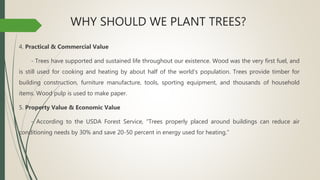 WHY SHOULD WE PLANT TREES?
4. Practical & Commercial Value
- Trees have supported and sustained life throughout our existence. Wood was the very first fuel, and
is still used for cooking and heating by about half of the world’s population. Trees provide timber for
building construction, furniture manufacture, tools, sporting equipment, and thousands of household
items. Wood pulp is used to make paper.
5. Property Value & Economic Value
- According to the USDA Forest Service, “Trees properly placed around buildings can reduce air
conditioning needs by 30% and save 20-50 percent in energy used for heating.”
 