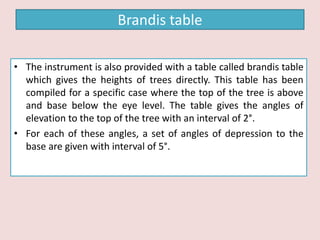 • The instrument is also provided with a table called brandis table
which gives the heights of trees directly. This table has been
compiled for a specific case where the top of the tree is above
and base below the eye level. The table gives the angles of
elevation to the top of the tree with an interval of 2°.
• For each of these angles, a set of angles of depression to the
base are given with interval of 5°.
Brandis table
 