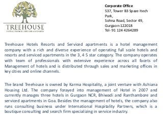 Treehouse Hotels Resorts and Serviced apartments is a hotel management
company with a rich and diverse experience of operating full scale hotels and
resorts and serviced apartments in the 3, 4 5 star category. The company operates
with team of professionals with extensive experience across all facets of
Management of hotels and is distributed through sales and marketing offices in
key cities and online channels.
The brand Treehouse is owned by Karma Hospitality, a joint venture with Ashiana
Housing Ltd. The company forayed into management of Hotel in 2007 and
currently manages three hotels in Gurgaon NCR, Bhiwadi and Ranthambore and
serviced apartments in Goa. Besides the management of hotels, the company also
runs consulting business under International Hospitality Partners, which is a
boutique consulting and search firm specializing in service industry.
Corporate Office
537, Tower B3 Spaze Itech
Park,
Sohna Road, Sector 49,
Gurgaon-122018
Tel- 91 124 4264289
 