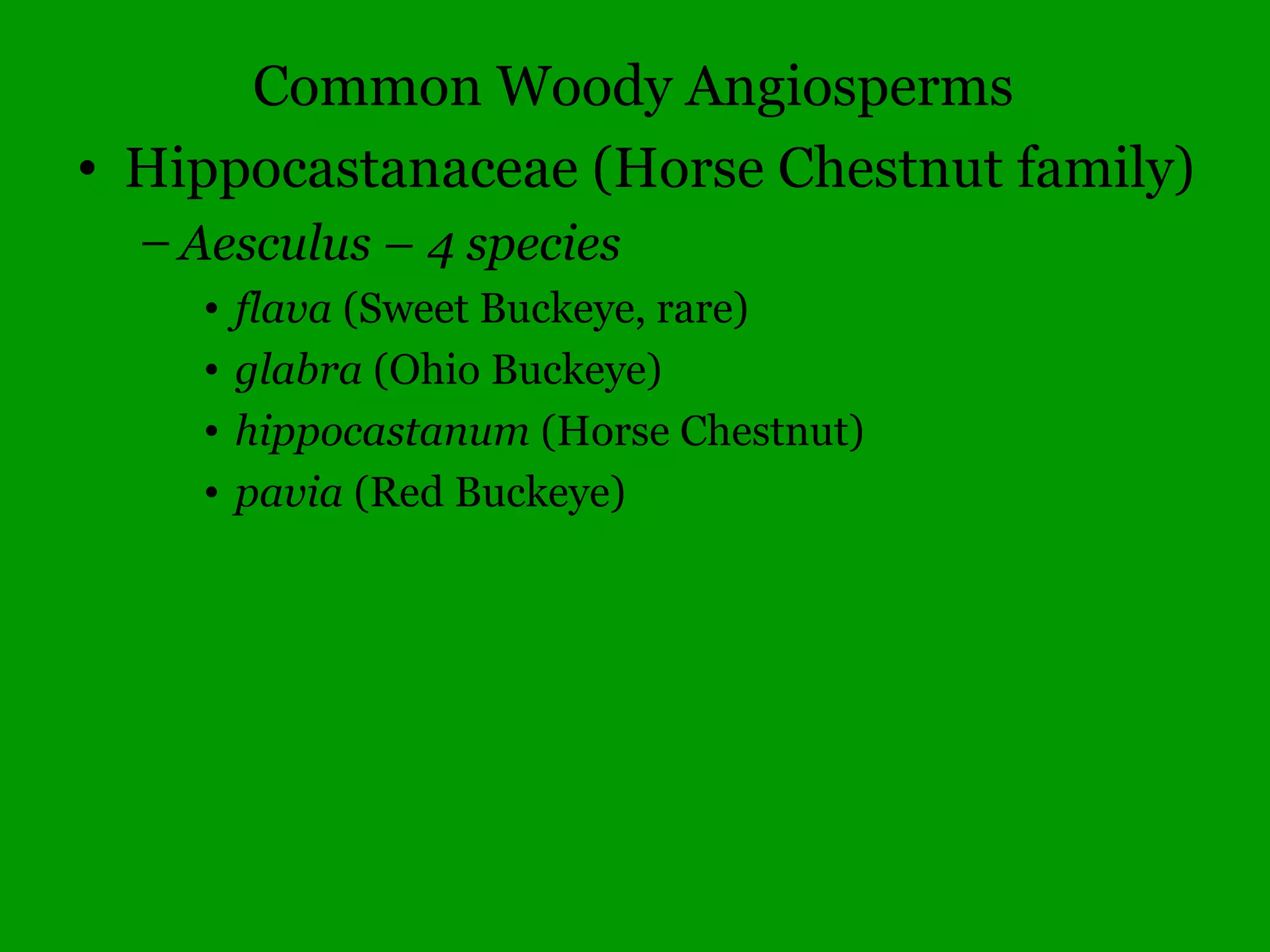 Common Woody Angiosperms
• Caprifoliaceae
– Lonicera – 19 species
• dioica – (Red Honeysuckle)
• flava – (Yellow Honeysuckle, rare)
• japonica* (Japanese Honeysuckle)
• maackii* (Amur Honeysuckle)
• tatarica* (Tartarian Honeysuckle)
 