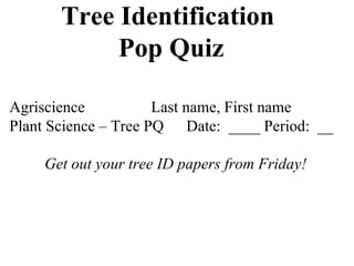 Tree Identification  Pop Quiz Agriscience Last name, First name Plant Science – Tree PQ Date:  ____ Period:  __ Get out your tree ID papers from Friday! 