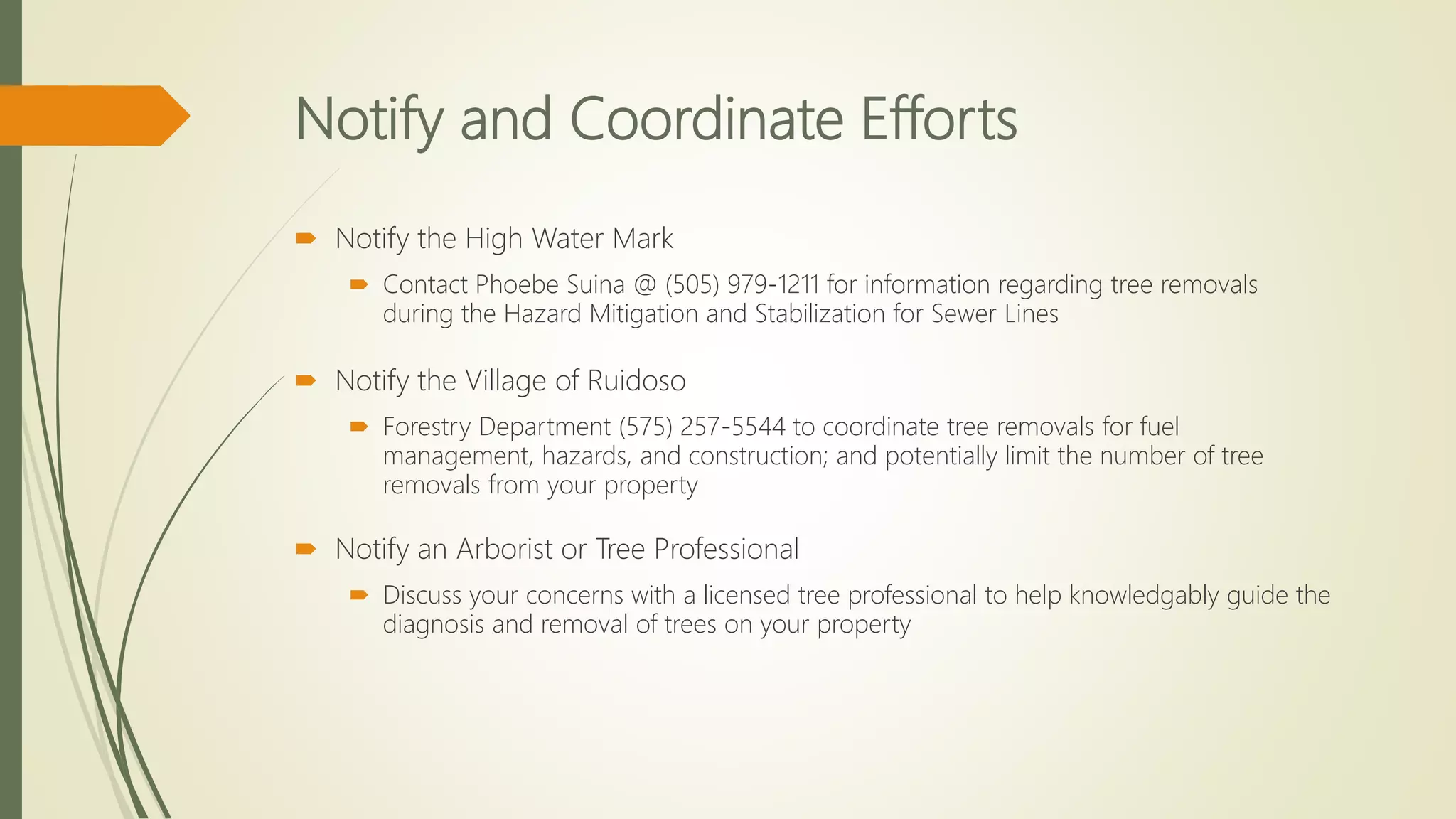Notify and Coordinate Efforts
 Notify the Village of Ruidoso
 Forestry Department (575) 257-5544 to coordinate tree removals for fuel
management, hazards, and construction; and potentially limit the number of tree
removals from your property
 Notify an Arborist or Tree Professional
 Discuss your concerns with a licensed tree professional to help knowledgably guide the
diagnosis and removal of trees on your property
 Notify the High Water Mark
 Contact Phoebe Suina @ (505) 979-1211 for information regarding tree removals
during the Hazard Mitigation and Stabilization for Sewer Lines
 