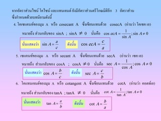 จากอัตราสวนไซน โคไซน และแทนเจนต ยังมีอัตราสวนตรีโกณมิติอีก 3 อัตราสวน
ซึ่งกําหนดดวยบทนิยามดังนี้
 4. โคเซแคนทของมุม A หรอ cosecant A ซึ่งเขียนแทนดวย cosecA (อานวา โคเซค เอ)
                            ื
     หมายถึง สวนกลับของ sinA ; sinA ≠ 0 นั่นคือ                 cos ecA =
                                                                                 1
                                                                                     ; sin A ≠ 0
                                                                               sin A
                              a                              c
     นั่นแสดงวา    sin A =           ดังนั้น cos ecA =
                              c                              a
  5. เซแคนทของมุม A หรอ secant A ซึ่งเขียนแทนดวย secA (อานวา เซค เอ)
                       ื
     หมายถึง สวนกลับของ cosA ; cosA ≠ 0 นั่นคือ
                                                                                 1
                                                                     sec A =         ; cos A ≠ 0
                                                                               cos A
       นั่นแสดงวา cos A = b            ดังนั้น sec A = c
                                  c                          b
  6. โคแทนเจนตของมุม A หรือ cotangent A ซึ่งเขียนแทนดวย cotA (อานวา คอตทเอ)
     หมายถึง สวนกลับของ tanA ; tanA ≠ 0
                                                                             1
                                                   นั่นคือ       cot A =
                                                                           tan A
                                                                                 ; tan A ≠ 0

      นั่นแสดงวา     tan A =
                                  a
                                         ดังนั้น   cot A =
                                                                 b
                                  b                              a
 