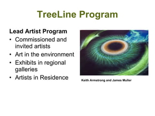 TreeLine Program Lead Artist Program Commissioned and invited artists  Art in the environment  Exhibits in regional galleries Artists in Residence Keith Armstrong and James Muller 