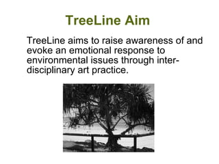 TreeLine aims to raise awareness of and evoke an emotional response to environmental issues through inter-disciplinary art practice.  TreeLine Aim  