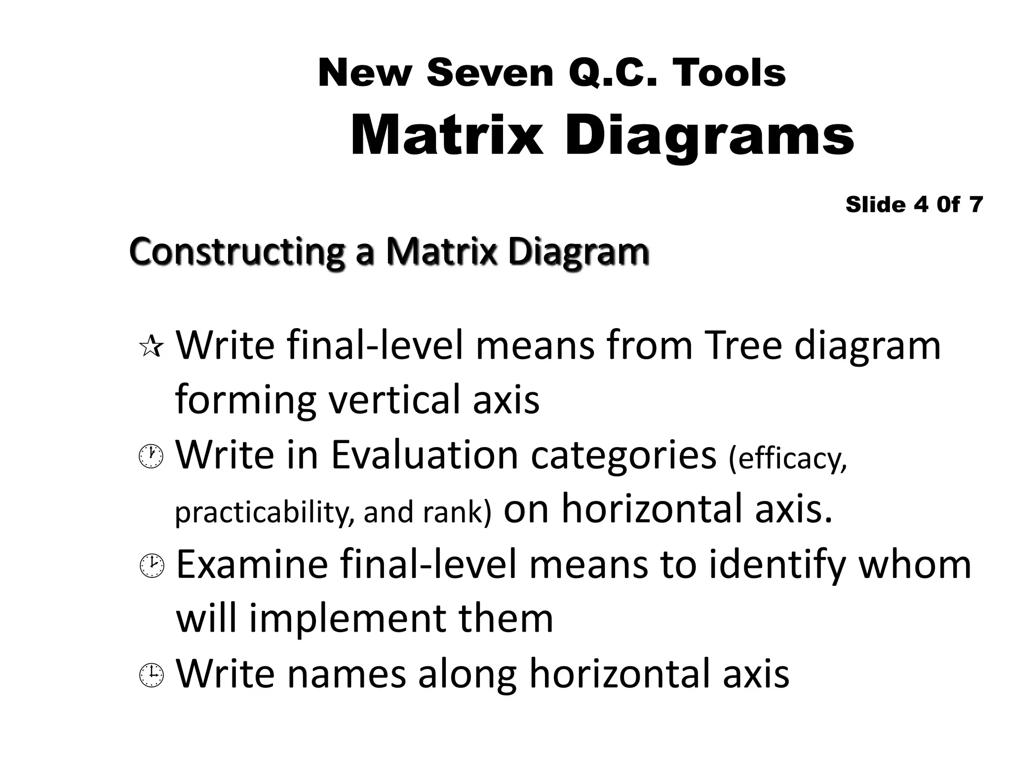 New Seven Q.C. Tools
Matrix Diagrams
Constructing a Matrix Diagram
Slide 4 0f 7
 Write final-level means from Tree diagram
forming vertical axis
 Write in Evaluation categories (efficacy,
practicability, and rank) on horizontal axis.
 Write names along horizontal axis
 Examine final-level means to identify whom
will implement them
 