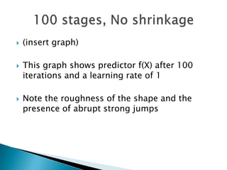    (insert graph)

   This graph shows predictor f(X) after 100
    iterations and a learning rate of 1

   Note the roughness of the shape and the
    presence of abrupt strong jumps
 