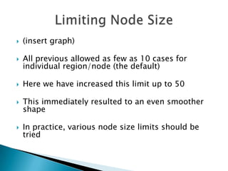    (insert graph)

   All previous allowed as few as 10 cases for
    individual region/node (the default)

   Here we have increased this limit up to 50

   This immediately resulted to an even smoother
    shape

   In practice, various node size limits should be
    tried
 