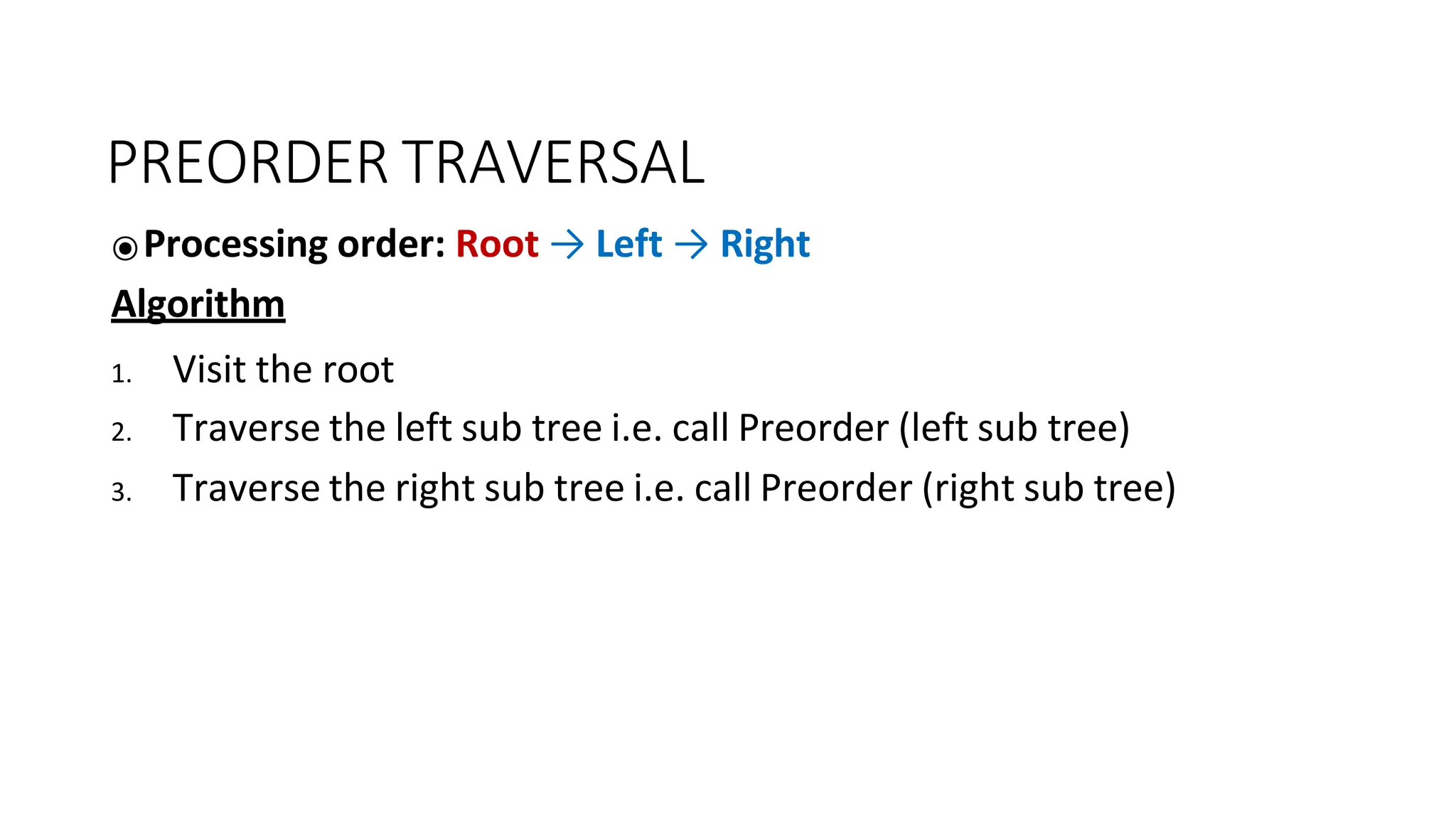PREORDER TRAVERSAL
⦿Processing order: Root → Left → Right
Algorithm
1. Visit the root
2. Traverse the left sub tree i.e. call Preorder (left sub tree)
3. Traverse the right sub tree i.e. call Preorder (right sub tree)
 