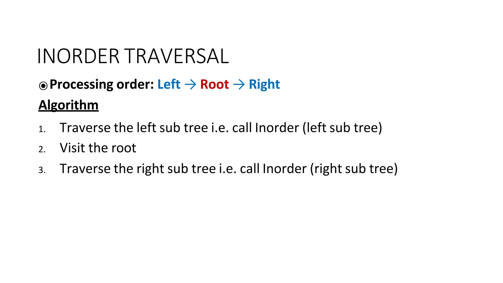 INORDER TRAVERSAL
⦿Processing order: Left → Root → Right
Algorithm
1. Traverse the left sub tree i.e. call Inorder (left sub tree)
2. Visit the root
3. Traverse the right sub tree i.e. call Inorder (right sub tree)
 