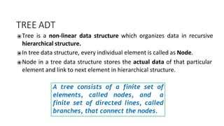 A tree consists of a finite set of
elements, called nodes, and a
finite set of directed lines, called
branches, that connect the nodes.
TREE ADT
⦿Tree is a non-linear data structure which organizes data in recursive
hierarchical structure.
⦿In tree data structure, every individual element is called as Node.
⦿Node in a tree data structure stores the actual data of that particular
element and link to next element in hierarchical structure.
 