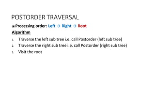 POSTORDER TRAVERSAL
⦿Processing order: Left → Right → Root
Algorithm
1. Traverse the left sub tree i.e. call Postorder (left sub tree)
2. Traverse the right sub tree i.e. call Postorder (right sub tree)
3. Visit the root
 