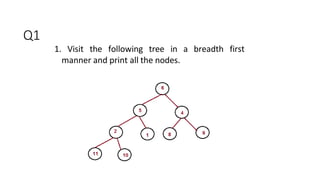 Q1
1. Visit the following tree in a breadth first
manner and print all the nodes.
 
