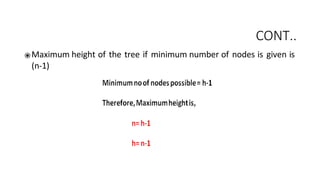 CONT..
⦿Maximum height of the tree if minimum number of nodes is given is
(n-1)
 