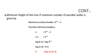 CONT..
⦿ Minimum height of the tree if maximum number of possible nodes is
given by
 