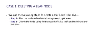 CASE 1: DELETING A LEAF NODE
• We use the following steps to delete a leaf node from BST...
• Step 1 - Find the node to be deleted using search operation
• Step 2 - Delete the node using free function (If it is a leaf) and terminate the
function.
 