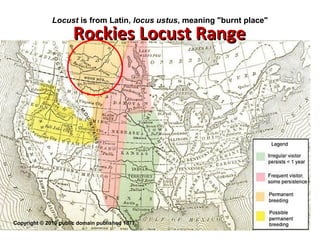 Locust is from Latin, locus ustus, meaning "burnt place" 
RRoocckkiieess LLooccuusstt RRaannggee 
Copyright © 2010 public domain published 1877 
 