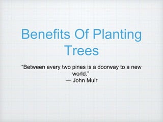 Benefits Of Planting
Trees
“Between every two pines is a doorway to a new
world.”
― John Muir
 