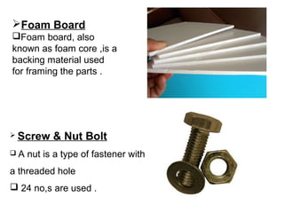 Foam Board
Foam board, also
known as foam core ,is a
backing material used
for framing the parts .
 Screw & Nut Bolt
 A nut is a type of fastener with
a threaded hole
 24 no,s are used .
 