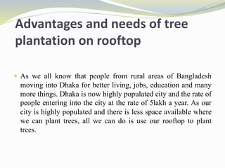 Advantages and needs of tree
plantation on rooftop
 As we all know that people from rural areas of Bangladesh
moving into Dhaka for better living, jobs, education and many
more things. Dhaka is now highly populated city and the rate of
people entering into the city at the rate of 5lakh a year. As our
city is highly populated and there is less space available where
we can plant trees, all we can do is use our rooftop to plant
trees.
 