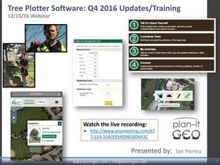 Tree Plotter Software: Q4 2016 Updates/Training
12/15/16 Webinar
www.planitgeo.com | info@planitgeo.com 1
Ian HanouPresented by:
Watch the live recording:
 http://www.anymeeting.com/67
7-514-554/E954D985804A3C
 