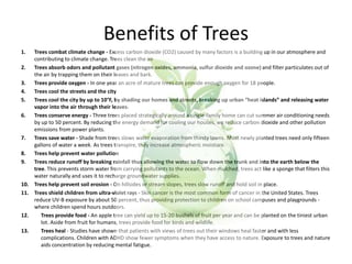 Benefits of Trees
1. Trees combat climate change - Excess carbon dioxide (CO2) caused by many factors is a building up in our atmosphere and
contributing to climate change. Trees clean the air
2. Trees absorb odors and pollutant gases (nitrogen oxides, ammonia, sulfur dioxide and ozone) and filter particulates out of
the air by trapping them on their leaves and bark.
3. Trees provide oxygen - In one year an acre of mature trees can provide enough oxygen for 18 people.
4. Trees cool the streets and the city
5. Trees cool the city by up to 10°F, by shading our homes and streets, breaking up urban “heat islands” and releasing water
vapor into the air through their leaves.
6. Trees conserve energy - Three trees placed strategically around a single-family home can cut summer air conditioning needs
by up to 50 percent. By reducing the energy demand for cooling our houses, we reduce carbon dioxide and other pollution
emissions from power plants.
7. Trees save water - Shade from trees slows water evaporation from thirsty lawns. Most newly planted trees need only fifteen
gallons of water a week. As trees transpire, they increase atmospheric moisture.
8. Trees help prevent water pollution
9. Trees reduce runoff by breaking rainfall thus allowing the water to flow down the trunk and into the earth below the
tree. This prevents storm water from carrying pollutants to the ocean. When mulched, trees act like a sponge that filters this
water naturally and uses it to recharge groundwater supplies.
10. Trees help prevent soil erosion - On hillsides or stream slopes, trees slow runoff and hold soil in place.
11. Trees shield children from ultra-violet rays - Skin cancer is the most common form of cancer in the United States. Trees
reduce UV-B exposure by about 50 percent, thus providing protection to children on school campuses and playgrounds -
where children spend hours outdoors.
12. Trees provide food - An apple tree can yield up to 15-20 bushels of fruit per year and can be planted on the tiniest urban
lot. Aside from fruit for humans, trees provide food for birds and wildlife.
13. Trees heal - Studies have shown that patients with views of trees out their windows heal faster and with less
complications. Children with ADHD show fewer symptoms when they have access to nature. Exposure to trees and nature
aids concentration by reducing mental fatigue.
 