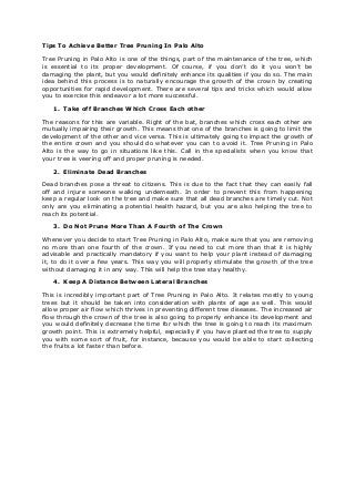 Tips To Achieve Better Tree Pruning In Palo Alto
Tree Pruning in Palo Alto is one of the things, part of the maintenance of the tree, which
is essential to its proper development. Of course, if you don’t do it you won’t be
damaging the plant, but you would definitely enhance its qualities if you do so. The main
idea behind this process is to naturally encourage the growth of the crown by creating
opportunities for rapid development. There are several tips and tricks which would allow
you to exercise this endeavor a lot more successful.
1. Take off Branches Which Cross Each other
The reasons for this are variable. Right of the bat, branches which cross each other are
mutually impairing their growth. This means that one of the branches is going to limit the
development of the other and vice versa. This is ultimately going to impact the growth of
the entire crown and you should do whatever you can to avoid it. Tree Pruning in Palo
Alto is the way to go in situations like this. Call in the specialists when you know that
your tree is veering off and proper pruning is needed.
2. Eliminate Dead Branches
Dead branches pose a threat to citizens. This is due to the fact that they can easily fall
off and injure someone walking underneath. In order to prevent this from happening
keep a regular look on the tree and make sure that all dead branches are timely cut. Not
only are you eliminating a potential health hazard, but you are also helping the tree to
reach its potential.
3. Do Not Prune More Than A Fourth of The Crown
Whenever you decide to start Tree Pruning in Palo Alto, make sure that you are removing
no more than one fourth of the crown. If you need to cut more than that it is highly
advisable and practically mandatory if you want to help your plant instead of damaging
it, to do it over a few years. This way you will properly stimulate the growth of the tree
without damaging it in any way. This will help the tree stay healthy.
4. Keep A Distance Between Lateral Branches
This is incredibly important part of Tree Pruning in Palo Alto. It relates mostly to young
trees but it should be taken into consideration with plants of age as well. This would
allow proper air flow which thrives in preventing different tree diseases. The increased air
flow through the crown of the tree is also going to properly enhance its development and
you would definitely decrease the time for which the tree is going to reach its maximum
growth point. This is extremely helpful, especially if you have planted the tree to supply
you with some sort of fruit, for instance, because you would be able to start collecting
the fruits a lot faster than before.
 