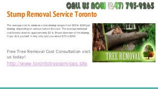 Stump Removal Service Toronto
The average cost to remove a tree stump ranges from $50 to $300 per
stump, depending on vari...