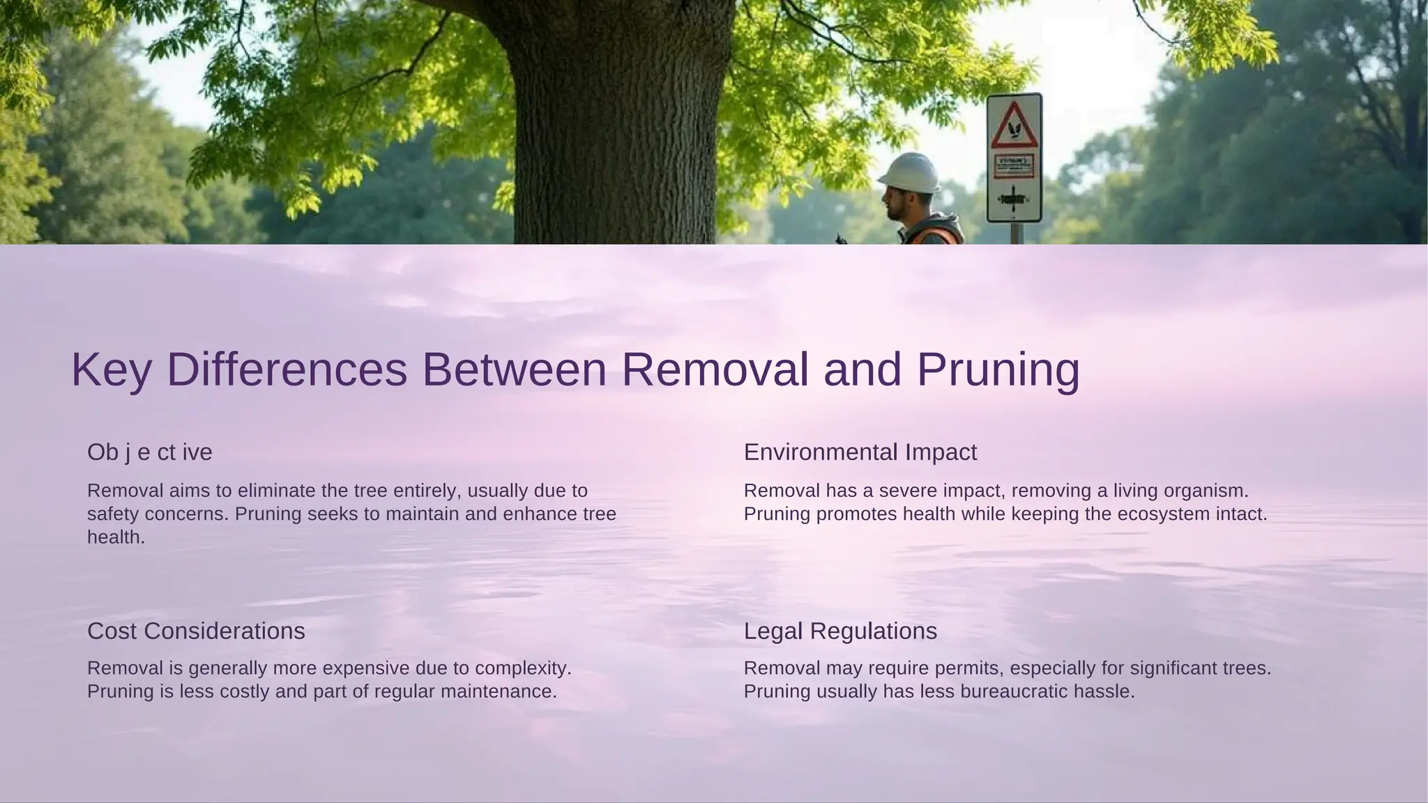 Key Differences Between Removal and Pruning
Ob j e ct ive
Cost Considerations Legal Regulations
Environmental Impact
health.
Pruning is less costly and part of regular maintenance.
Removal is generally more expensive due to complexity.
Removal aims to eliminate the tree entirely, usually due to
safety concerns. Pruning seeks to maintain and enhance tree
Pruning usually has less bureaucratic hassle.
Removal has a severe impact, removing a living organism.
Pruning promotes health while keeping the ecosystem intact.
Removal may require permits, especially for significant trees.
 