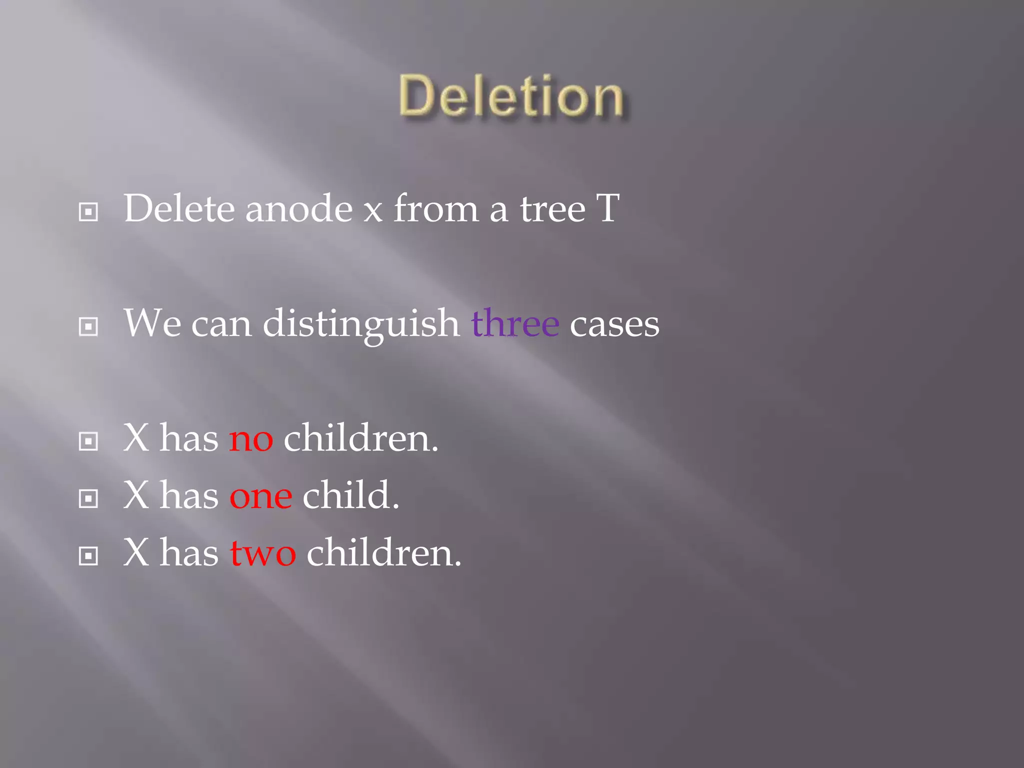   Delete anode x from a tree T

   We can distinguish three cases

   X has no children.
   X has one child.
   X has two children.
 