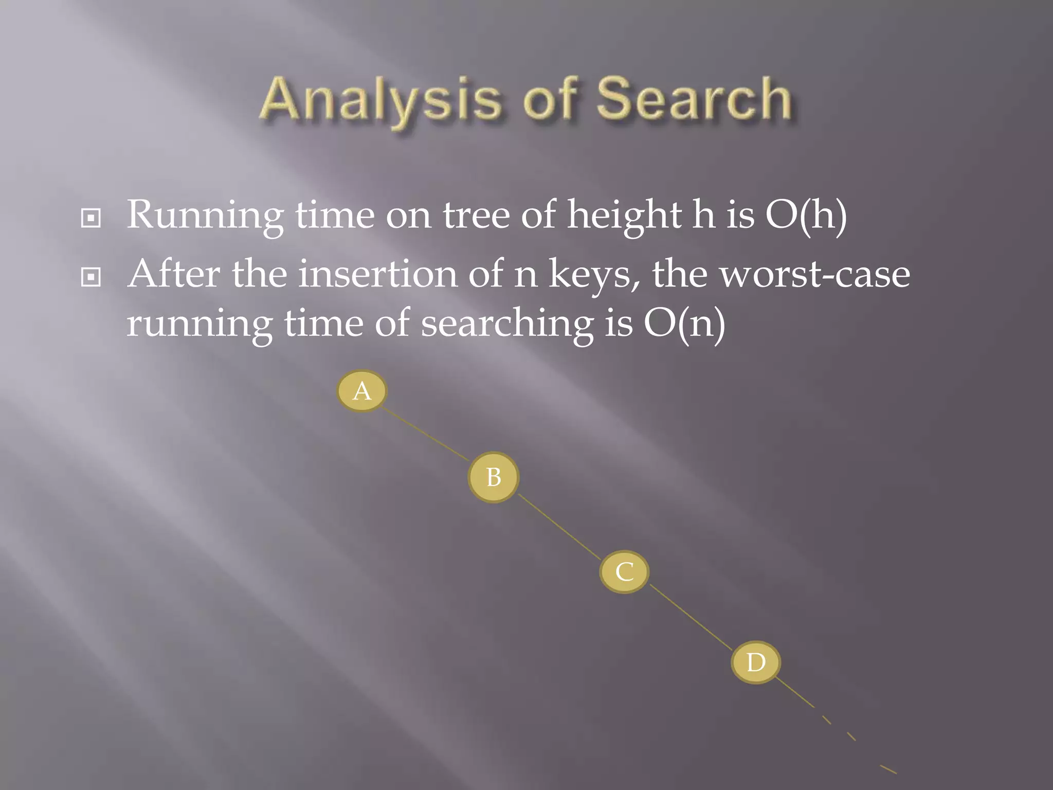    Running time on tree of height h is O(h)
   After the insertion of n keys, the worst-case
    running time of searching is O(n)
                A


                        B


                                C


                                       D
 