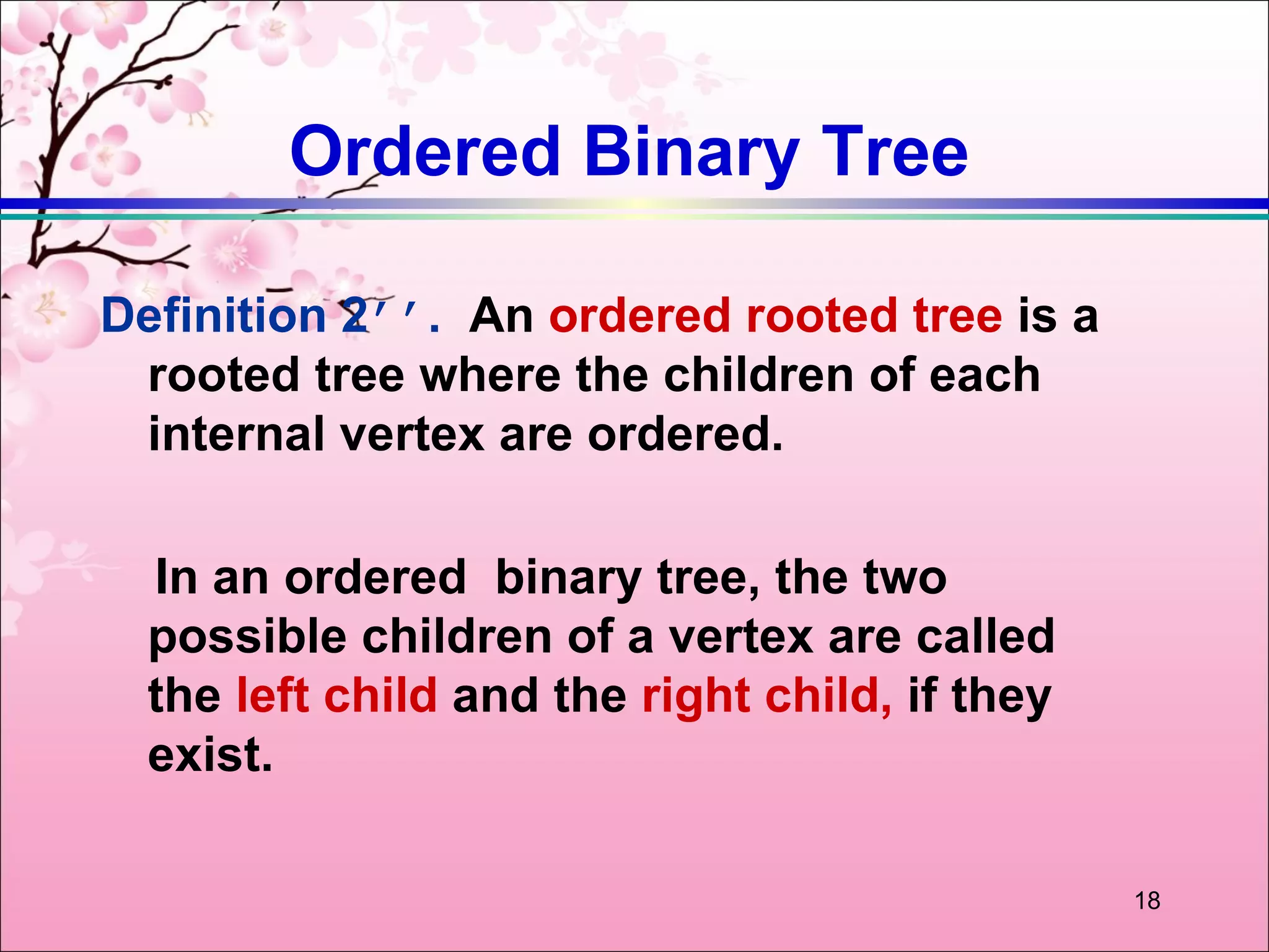 Ordered Binary Tree

Definition 2’’. An ordered rooted tree is a
 rooted tree where the children of each
 internal vertex are ordered.

  In an ordered binary tree, the two
  possible children of a vertex are called
  the left child and the right child, if they
  exist.

                                                18
 